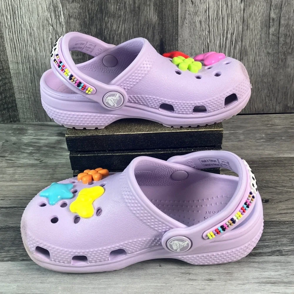 Crocs Classic Clogs Orchid Purple Toddler Size C9 Beaded Straps 3D Charms Kids